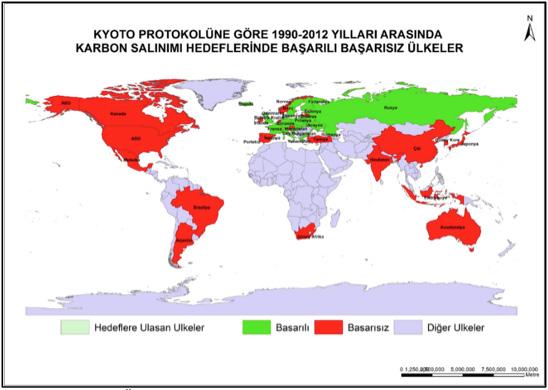 Şekil 8. Ülkelerin Kyoto protokolüne göre başarı durumları 7. Sonuçlar Kyoto Protokolü ortaya çıkış amacı ile dünya karbon salınımının azaltılması için oldukça önemli bir anlaşmadır.
