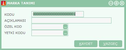 Marka Bilgileri E-Ticaret uygulamalarında kullanılacak marka bilgileri marka tanımları listesinde Ekle seçeneği ile açılan marka tanım penceresinden kaydedilir. Marka Kodu: Marka kayıt kodudur.