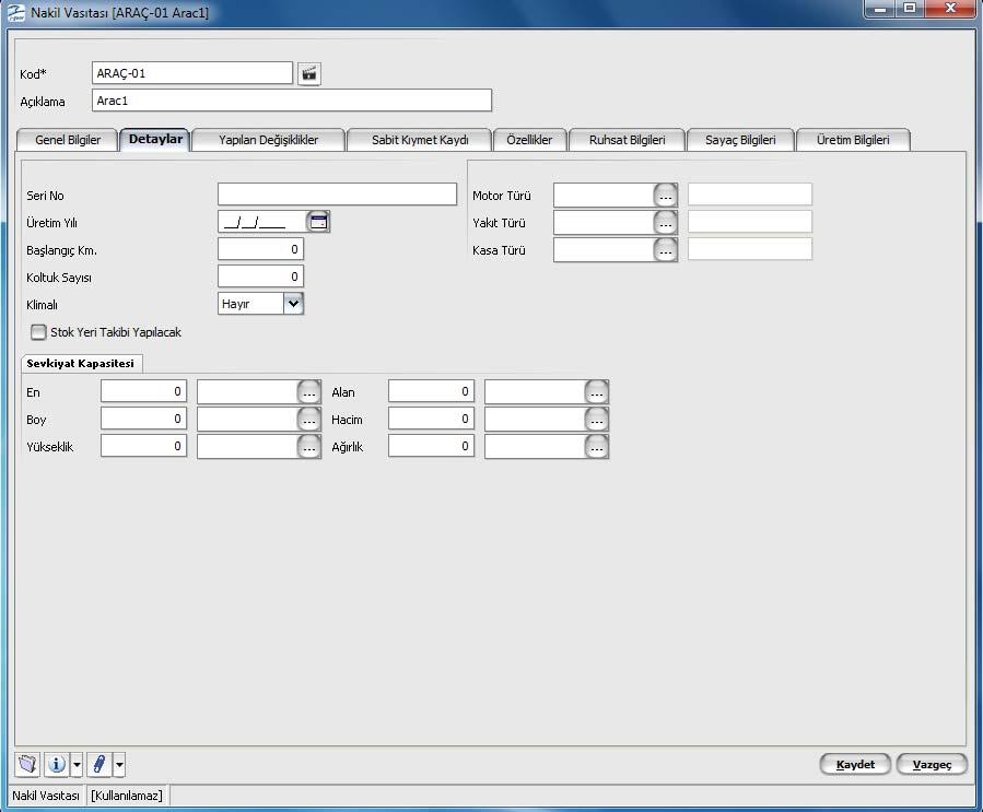 Sevkiyat İşlemlerinde Kullanılacak Araçlar Sevkiyat işlemlerinde kullanılacak taşıt araçları (kamyon, minibüs vb.), Varlık Yönetimi program bölümünde Nakil Vasıtaları seçeneği ile kaydedilir. Bkz.