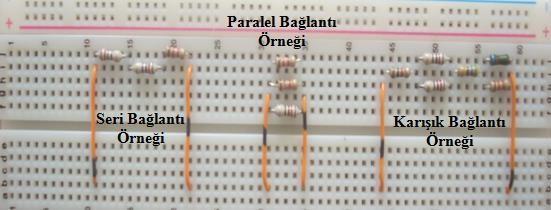 Şekil 11. Delikli Panel üzerine farklı direnç düzeneklerinin kurulumu (İlave kablolar toplam direnç değerini Ohmmetreye ile ölçmek için kullanılmıştır). 3.