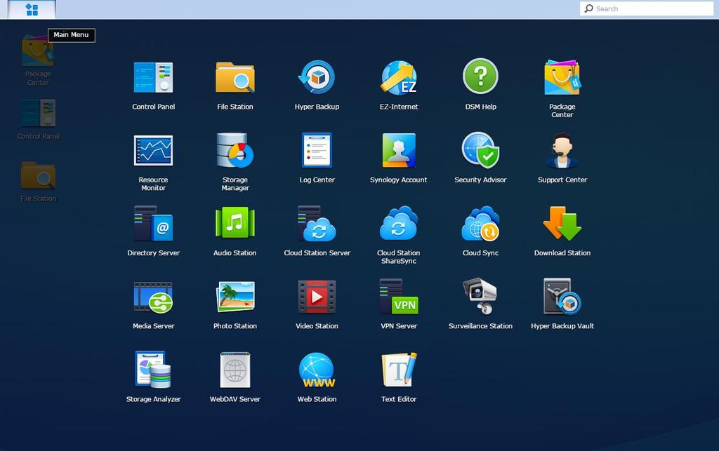 Ana Menü ile Uygulamaları ve Paketleri Açın Synology NAS Kullanım Kılavuzu Ana Menü (masaüstünün sol üst tarafındaki düğme) Synology NAS sunucunuzda Paket Merkezi'den yüklediğiniz tüm uygulamaları ve