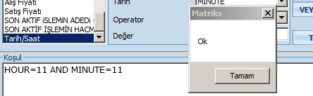 Dakika girmek içinse, Tarih kısmından MINUTE, operatör kısmından = seçiniz. Değer kısmına da, hangi dakikada uyarı (alarm) almak istiyorsanız onu yazıp, VE İLE EKLE butonunu tuşlayınız.