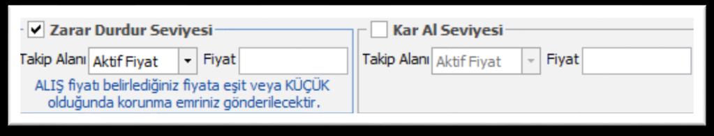 Kutucuğu işaretlediğinizde Takip alanında Aktif Fiyat yer alır ve aşağıda göreceğiniz uyarı gelir.