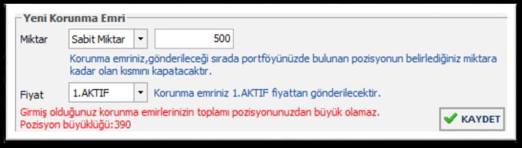 Fiyat kısmında aşağıda göreceğiniz seçenekler yer alır: Normal şartlar altında korunma emirlerinin Piyasa gönderilmesi daha anlamlıdır.