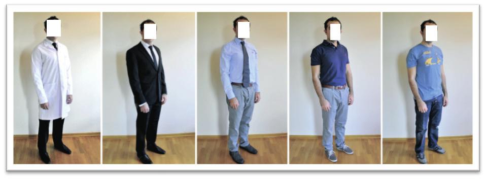 Figür 1: Katılımcılara gösterilen beş farklı erkek doktor giyim tarzı (beyaz önlük, resmi, yarı resmi, gündelik ve spor) Figür 2: