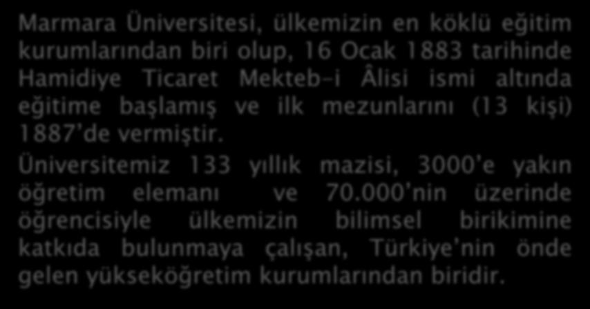 Marmara Üniversitesi, ülkemizin en köklü eğitim kurumlarından biri olup, 16 Ocak 1883 tarihinde Hamidiye Ticaret Mekteb-i Âlisi ismi altında eğitime başlamış ve ilk mezunlarını (13 kişi) 1887 de