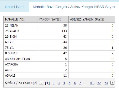 Ayrıntılı Yangın İstatistiği sekmesinin