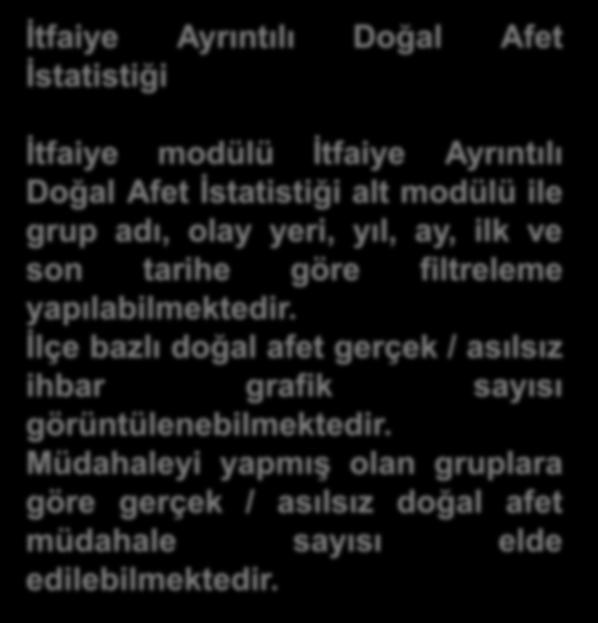 İtfaiye Ayrıntılı Doğal Afet İstatistiği İtfaiye modülü İtfaiye Ayrıntılı Doğal Afet İstatistiği alt modülü ile grup