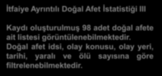 İtfaiye Ayrıntılı Doğal Afet İstatistiği III Kaydı oluşturulmuş 98 adet doğal