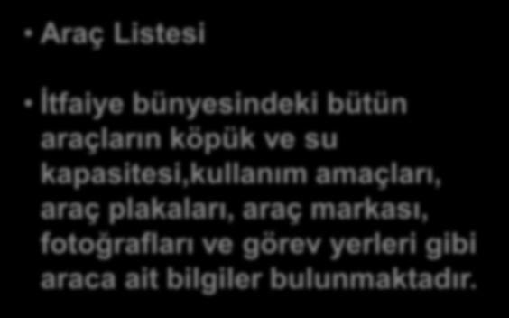 Araç Listesi İtfaiye bünyesindeki bütün araçların köpük ve su