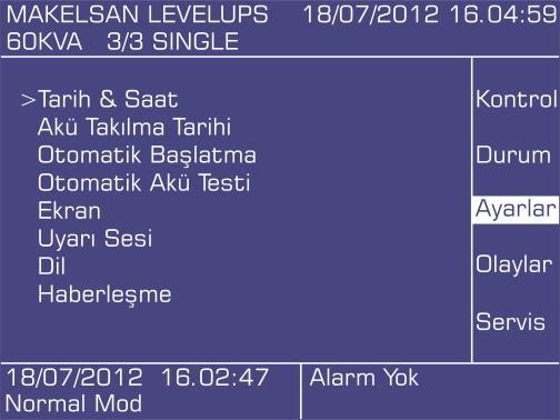 ÜRÜN TANITIMI Alarmlar Aktif KGK alarmları Cihaz Bilgisi - - - Evirici, doğrultucu, CPLD, ön panel yazılım versiyonu ------------------- KGK seri numarası KVA, V/Hz Cihaz görünür gücüne, anma çıkış