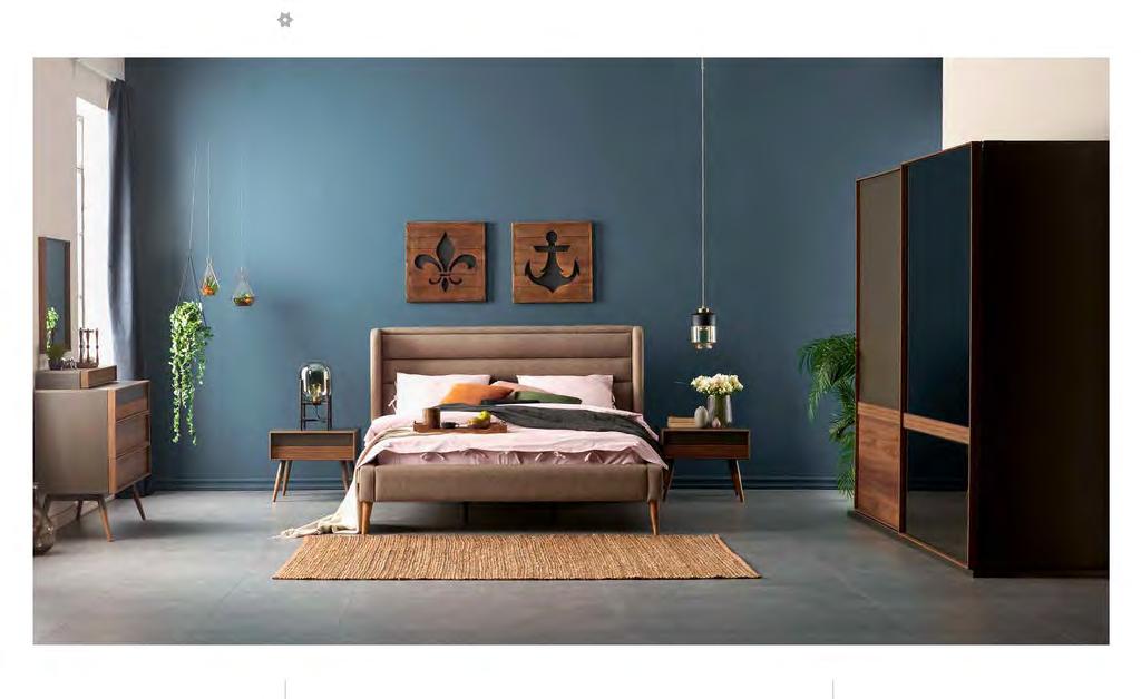 FLEMENS YATAK ODASI AHŞABIN VE KUMAŞIN EŞSİZ UYUMU Zenginleştirilen iç tasarımıyla 3 farklı dolap seçeneği sunan FLEMENS Yatak Odası, özgün tasarımlı kumaş yatak başlığı ve dolabındaki