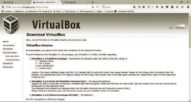 Parrot Securıty OS 11 Açılan sayfadan VirtualBox 5.2.0 platform packages altında bulunan sisteminize uygun olan sürümü indirmek için bağlantıya tıklayınız.
