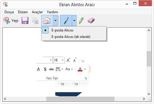 EKRAN ALINTISI ARACI Ekran alıntısının bir e-posta programıyla gönderilmesi işlemi üstteki şekilde gösterilen Ekran Alıntısı