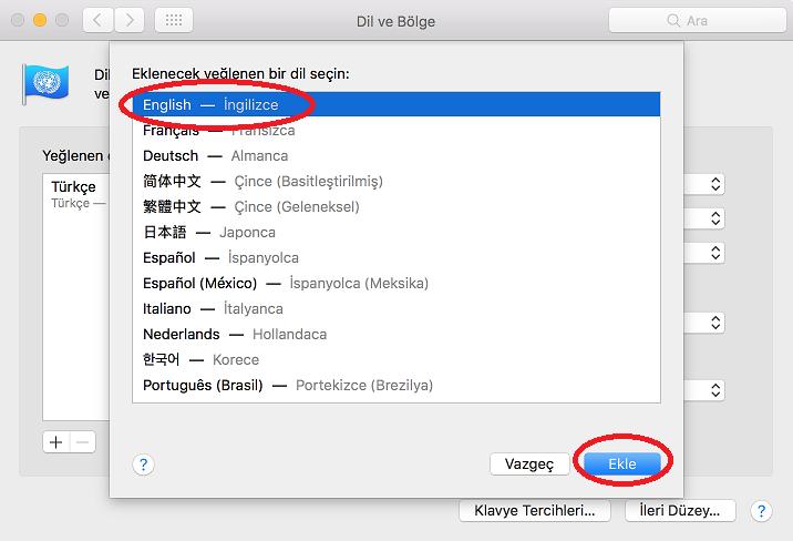 Yeğlenen Diller penceresinde, İngilizce en üst sıraya taşınır. Dil ve Bölge penceresi kapatılır.