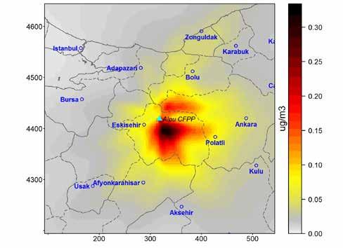Hava kalitesine etkileri Yıllık ortalama PM2,5 konsantrasyonu Şekil 1 Alpu kömür santrallerinin emisyonlarına