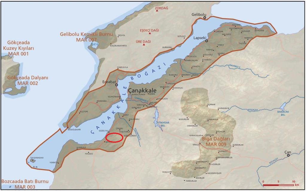 Şekil 4: Projenin MAR004 (kırmızı ile) ve diğer önemli doğal alanlar açısından konumu3 Proje alanına İzmir-Çanakkale karayolu üzerinden erişilebilmektedir.