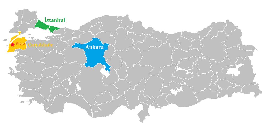 Şekil 2: Ankara ve İstanbul a göre Çanakkale nin konumu Proje, Çanakkale Boğazının yaklaşık 1 km doğusunda Çanakkale Merkez İlçesindedir.