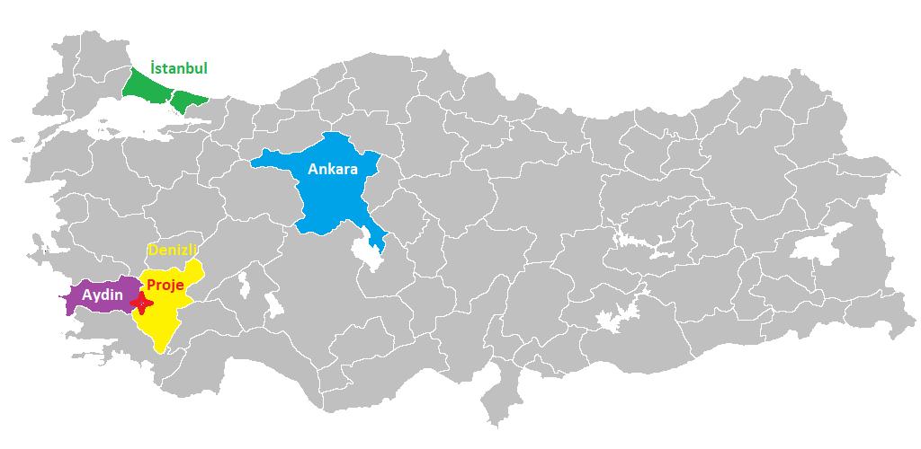 Şekil 2: Ankara ve İstanbul illeri bazında Denizli ve Aydın İllerinin konumu En yakın yerleşim yerleri Aydın da Yeniköy (5,1), Palamutçuk (5,5 km), Işıklar (5,75 km), Damdere (4,75 km), Dikmen (5,6