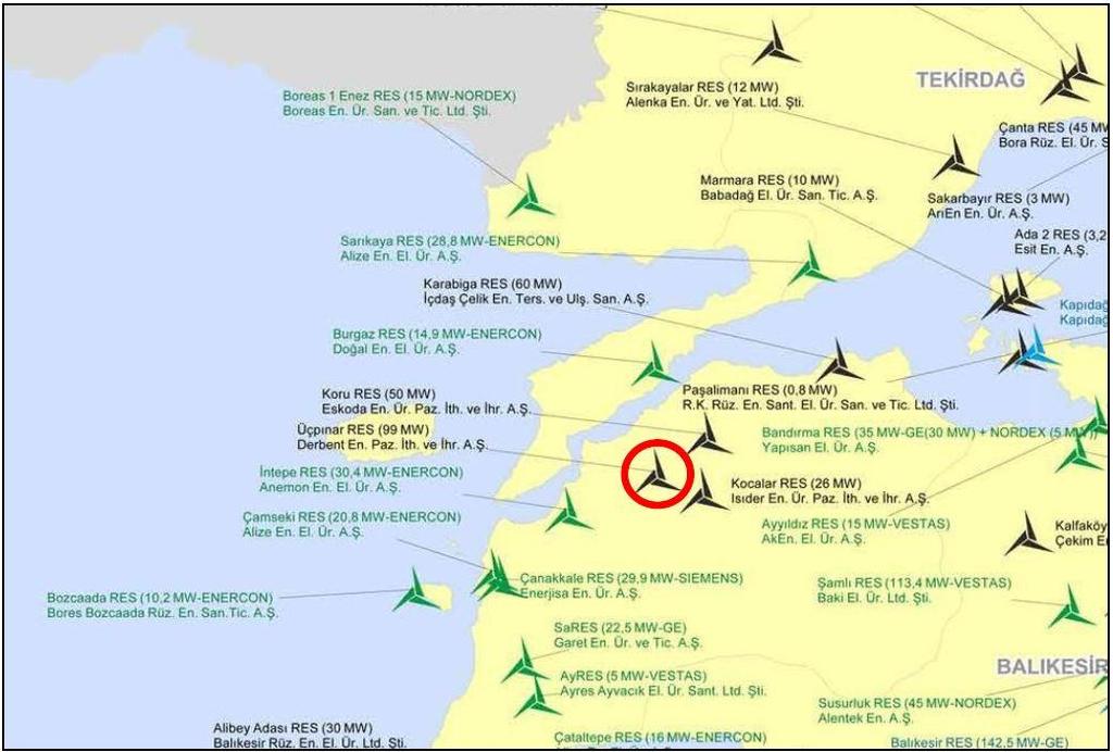 Şekil 14: Marmara Bölgesindeki Rüzgar Santralleri 2.0 2.1 AYRINTILI OLARAK PROJE Üçpınar Projesi finansmanını kim sağlıyor? Avrupa İmar ve Kalkınma Bankası ( AİKB ), Türkiye Garanti Bankası A.Ş. ( Garanti ), Türkiye İş Bankası A.