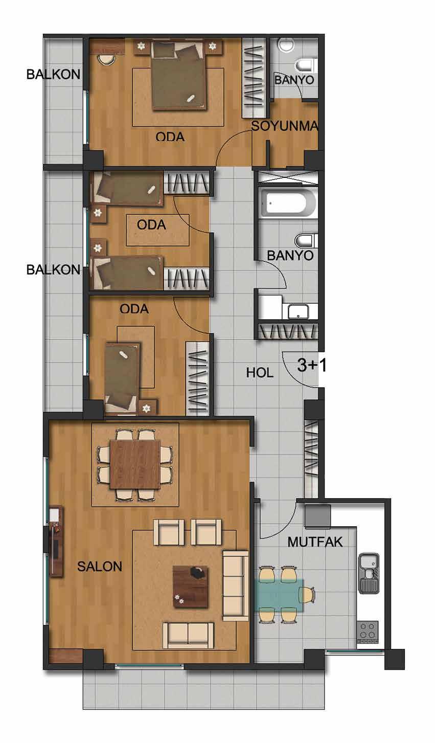 Salon : 40.00 m 2 Hol : 12.50 m 2 3+1 Örnek Daire Planı Banyo : 6.00 m 2 Mutfak : 15.00 m 2 Teras : 30.00 m 2 Oda 1 : 14.00 m 2 Oda 2 : 12.