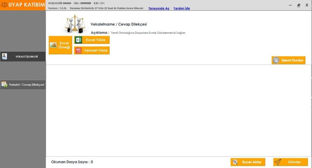 6.3. VEKALET/ CEVAP DİLEKÇESİ (BAŞA DÖN) Taraf olmadığınız dosyalara evrak göndermek için VEKALET GÖNDER VEKALET/CEVAP DİLEKÇESİ butonlarına tıklayın.