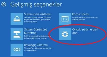 Şekil 14: Windows 8.1 Önceki Sürüme Geri Dön 6.Adım Bilgisayarınız yeniden başlatıldığında kurulum için gerekli olan son ayarlamaların yapılacağı sayfa ekrana gelecektir.