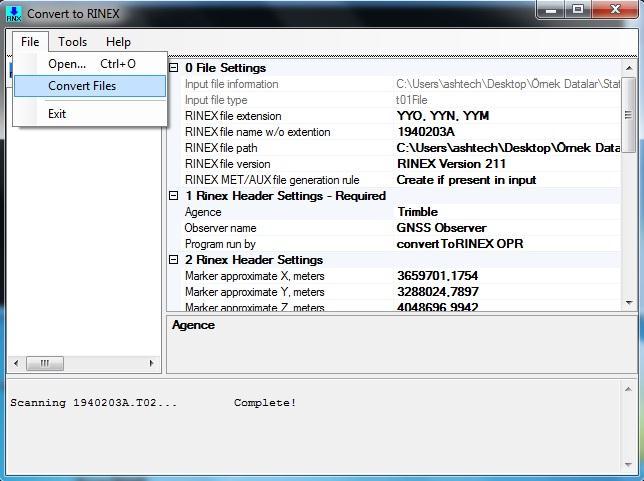 Convert To RINEX programında Convert Files dedikden sonra işlemimiz tamamlandığında ekranımızın altında Success yazısını görürüz bu uyarı bizim işlemimizin başarıyla