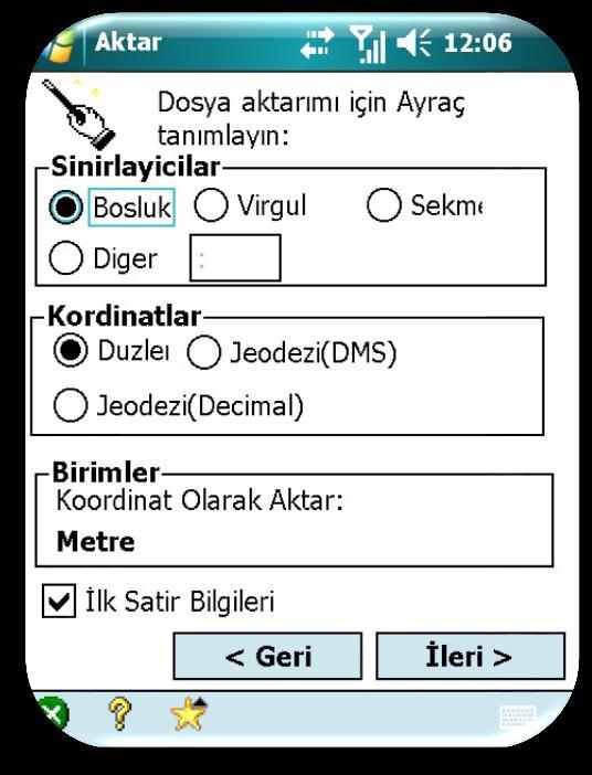 Kaydedilecek nokta dosyasının Ayraç, koordinat formatı