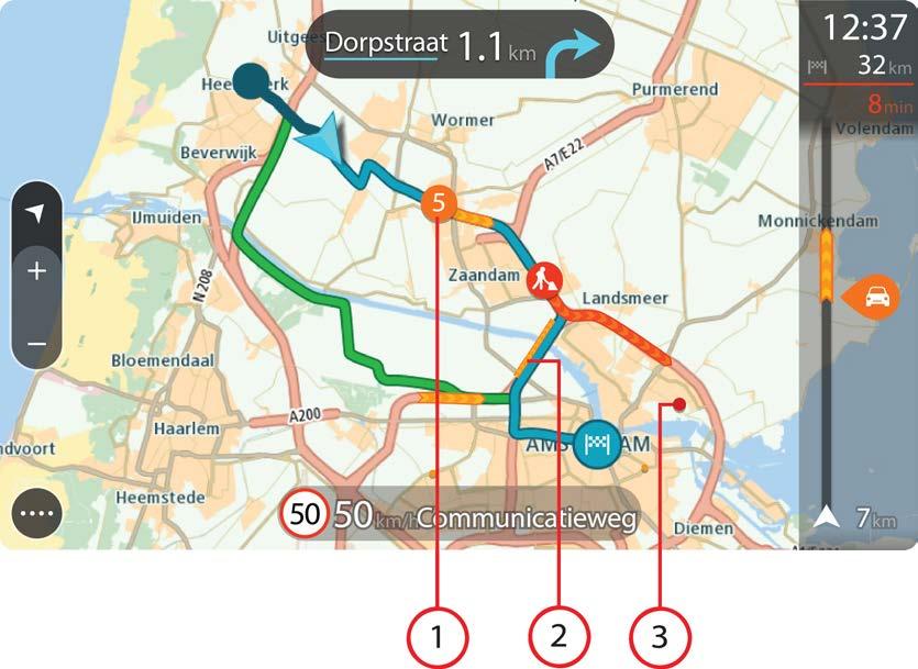 İpucu: Daha ayrıntılı bilgiler görüntülemek için haritadan bir olay seçin. 1. Seyahat yönünüzdeki rotayı etkileyen trafik olayı.