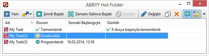 ABBYY Hot Folder ana penceresinde bir dizi ayar görevi görüntülenir. Her görev için, güncel durum ve zamanlanan işleme süresi ile birlikte ilgili hızlı erişim klasörüne olan tam yol da görüntülenir.