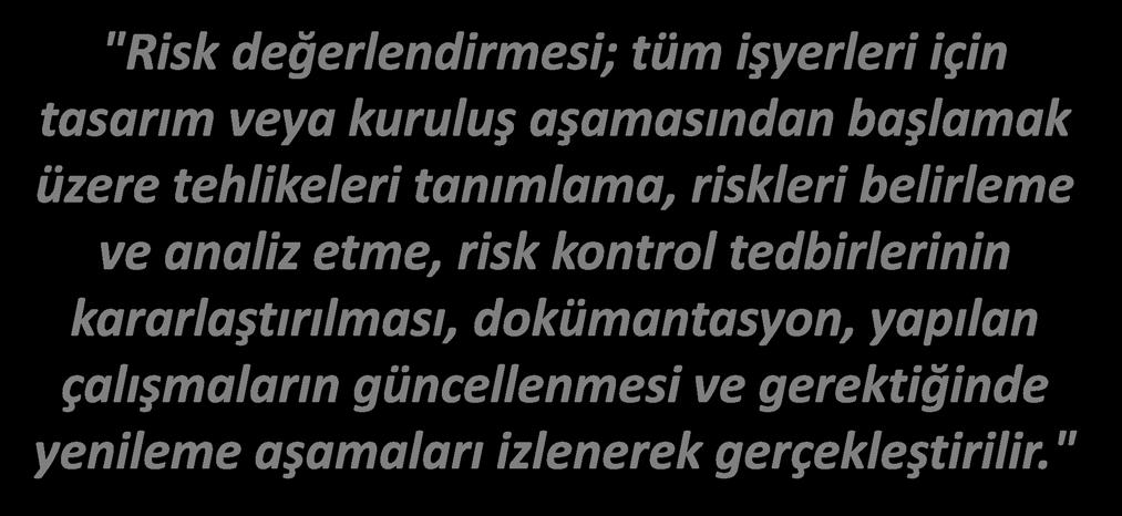 TANIMLAR RİSK DEĞERLENDİRMESİ / İSG Kanunu&RD Yönetmeliği "Risk değerlendirmesi; tüm işyerleri için tasarım veya kuruluş aşamasından başlamak üzere tehlikeleri tanımlama, riskleri