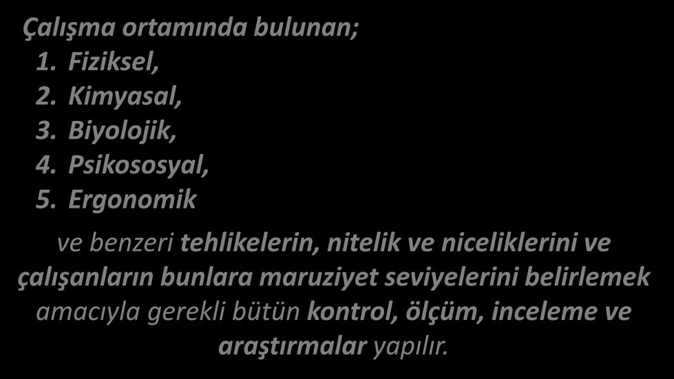 RİSK YÖNETİM PROSESİ (SÜRECİ) TEHLİKELERİN TANIMLANMASI Çalışma ortamında bulunan; 1. Fiziksel, 2. Kimyasal, 3. Biyolojik, 4. Psikososyal, 5.