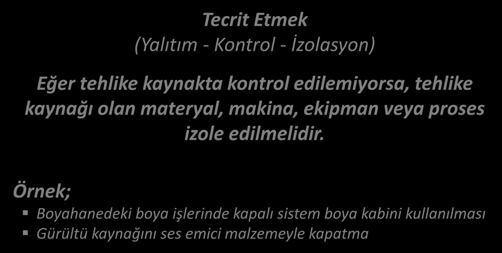 RİSK YÖNETİM PROSESİ (SÜRECİ) ORTAMDA KORUMA Tecrit Etmek (Yalıtım - Kontrol - İzolasyon) Eğer tehlike kaynakta kontrol edilemiyorsa, tehlike kaynağı olan materyal,