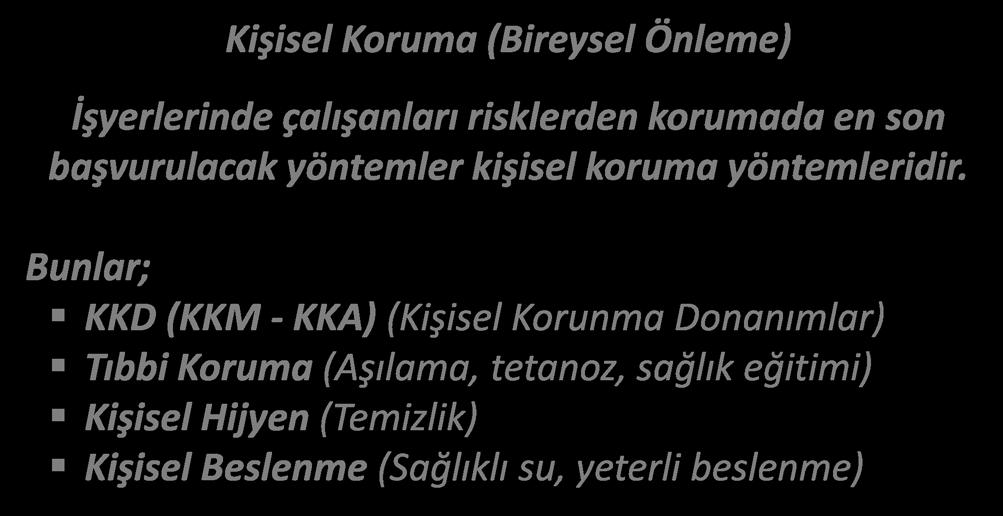 RİSK YÖNETİM PROSESİ (SÜRECİ) KİŞİDE KORUMA Kişisel Koruma (Bireysel Önleme) İşyerlerinde çalışanları risklerden korumada en son başvurulacak yöntemler kişisel koruma