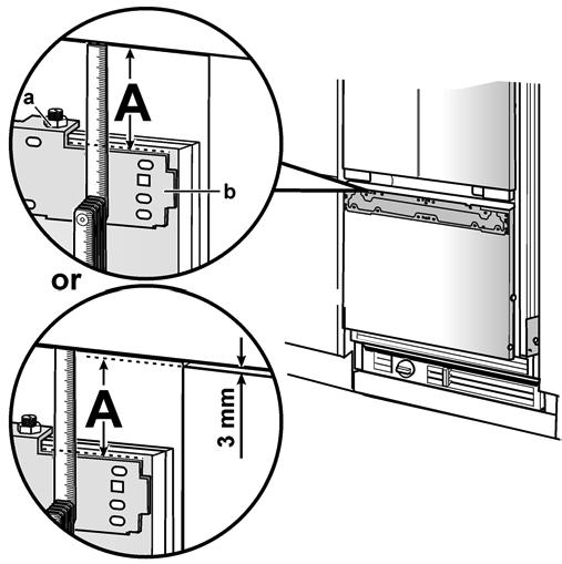 Ayar rayýnýn dolap kapaðýna takýlmasý (dondurucu bölmesi) 1. Ayarlama rayý (b) ve soðutucu bölmesi kapaðýnýn alt kenarý arasýndaki A mesafesini ölçünüz.
