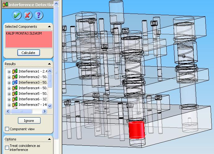 Bu işlem için; Interference Detection menüsü açılır. Selected components listesinde montaj belirir, OK düğmesi tıklanır. Analiz, seçili elemanlar arasındaki çakışmaları bulur.