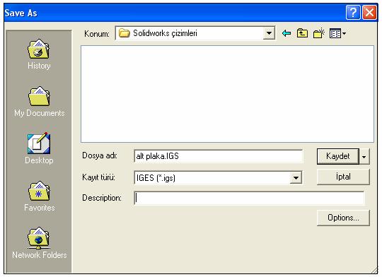 Çizimden sonra Solidworks ekranında bulunan File komutu ile save as (farklı kaydet) seçeneğine girilir. Kayıt türü ACIS Files(*.
