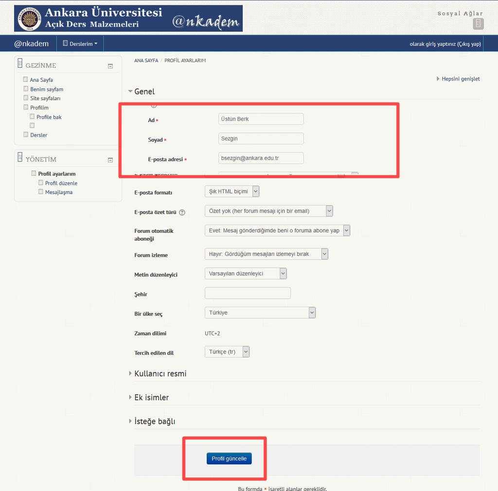 3- Giriş yaptıktan sonra gelen sayfada zorunlu alanları doldurarak profilinizi tamamlayınız. 4- Bu işlemden sonra sistem yöneticisi tarafından ders ekleme yetkisi hesabınıza tanımlanacaktır.