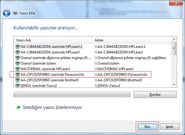 Kullanılabilir yazıcılar listesinden ağa bağlı yazıcı seçilir ve kurulum yazıcı sürücü yüklenerek tamamlanır. 2.