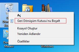 Dosya ilk silinen konuma geri yüklenir. 2.2.5.3 Geri Dönüşüm Kutusunu Boşaltmak Geri Dönüşüm Kutusu gönderilen dosyalar hala bilgisayarımızın sabit diskinde yer tutarlar.