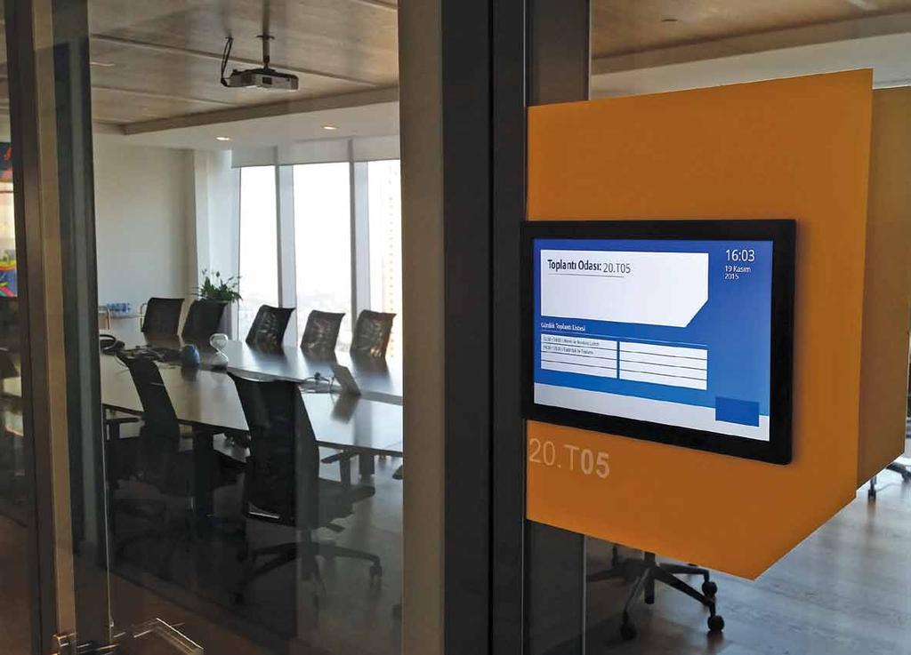 EventBoard çeşitli amaçlarla kullanılabilir: Toplantı odalarının girişlerinde toplantı odasının ismi, toplantının saat ve konu içeriğinin paylaşımında; Çok