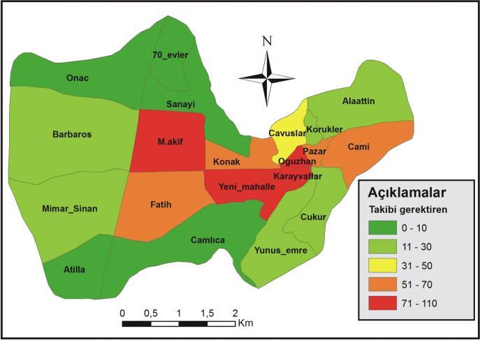 2010-2014 yılları arasında Bucak ilçesinde malvarlığına karşı işlenen suçların mahallelere göre dağılımı Şekil 1.