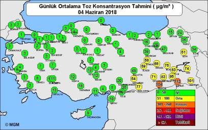 86 Güneydoğu Anadolu Bölgesinde Çöl Tozları nitelendirilen 261μg/m³ ün üzerine çıktığı görülmektedir (Şekil 4).