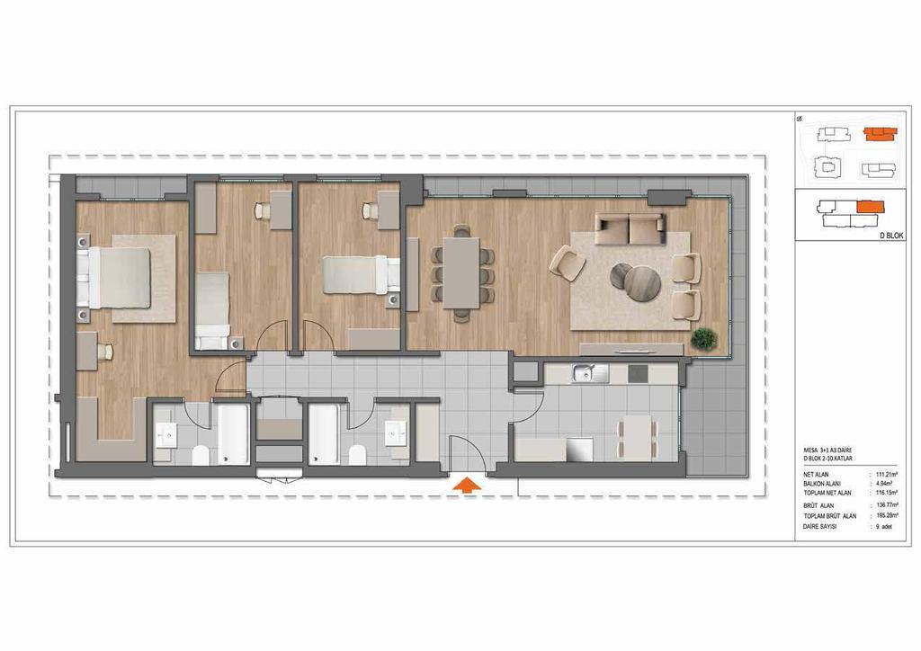 3+1 A2 DAİRE C BLOK 2-6.KATLAR 3+1 A3 DAİRE D BLOK 2-10.KATLAR ET ALA : 111.18 m² BALKO ALAI : 4.55 m² TOPLAM ET ALA : 115.72 m² BRÜT ALA : 190.