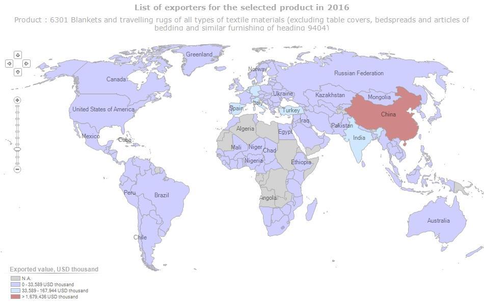 Dünyadaki battaniye ihracatının dünya haritasına yansıması Grafik-8 deki gibi olmaktadır.