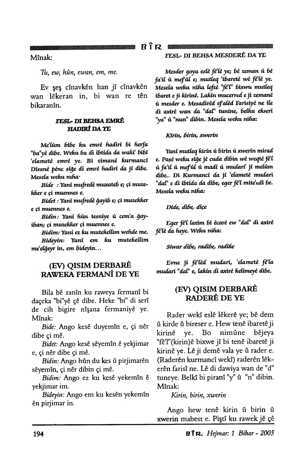 BÎR Mînak: FESL- Di BEHSA MESDERE DA YE Tu, eıv, hûn, eıvan, em, me. Ev şeş cînavkên han jî cînavkên vvan lêkeran in, bi vvan re tên bikaranîn.