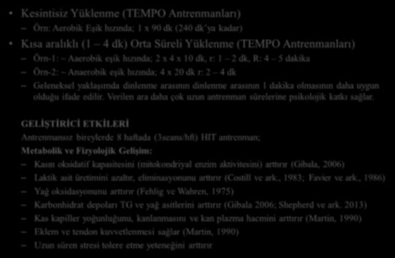 Aerobik Eşik Gelişimi Sağlayan Antrenman Yöntemleri Kesintisiz Yüklenme (TEMPO Antrenmanları) Örn: Aerobik Eşik hızında; 1 x 90 dk (240 dk ya kadar) Kısa aralıklı (1 4 dk) Orta Süreli Yüklenme (TEMPO