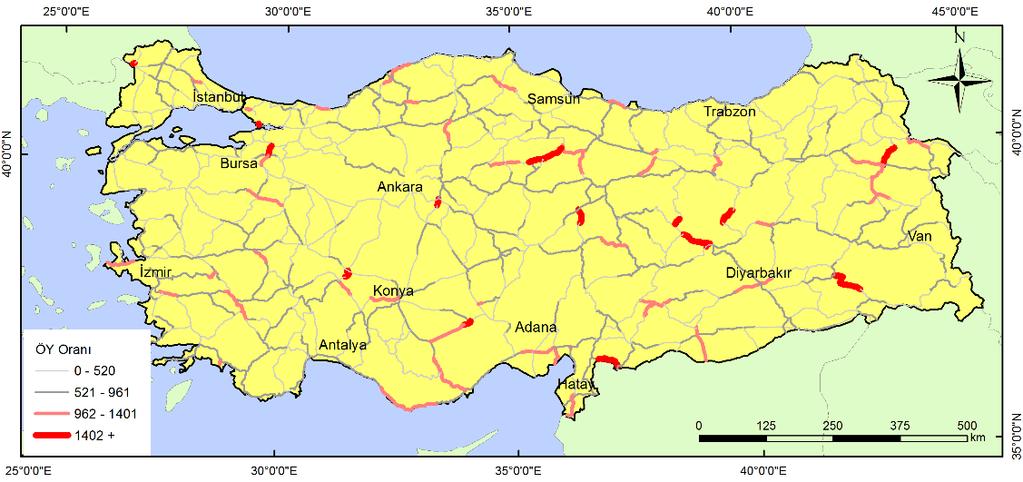 sayısının etkili olduğunun göstergesidir. Devlet karayolu kesimlerindeki milyar taşıt-km deki ÖY kaza sayıları Şekil 2 de gösterilmiştir.