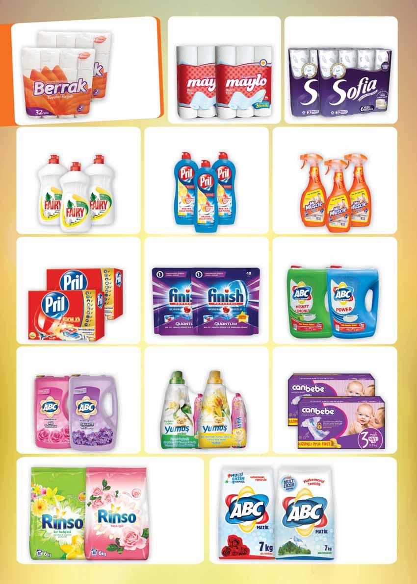 Berrak Tuvalet Kağıdı 32 li 14.99 TL Maylo Havlu 12 li 12.99 TL Sofia Tuvalet Kağıdı 32 li 2 Fairy Limon 450 Ml. 1.99 TL Pril Bulaşık Deterjanı 675 Ml. 2.99 TL Mr. Muscle Mutfak 500 Ml. 2.99 TL Pril Gold Tablet 30 lu Finish Quantum Tablet 2x40 lı 3 Abc Bulaşık Deterjanı 4 Kg.